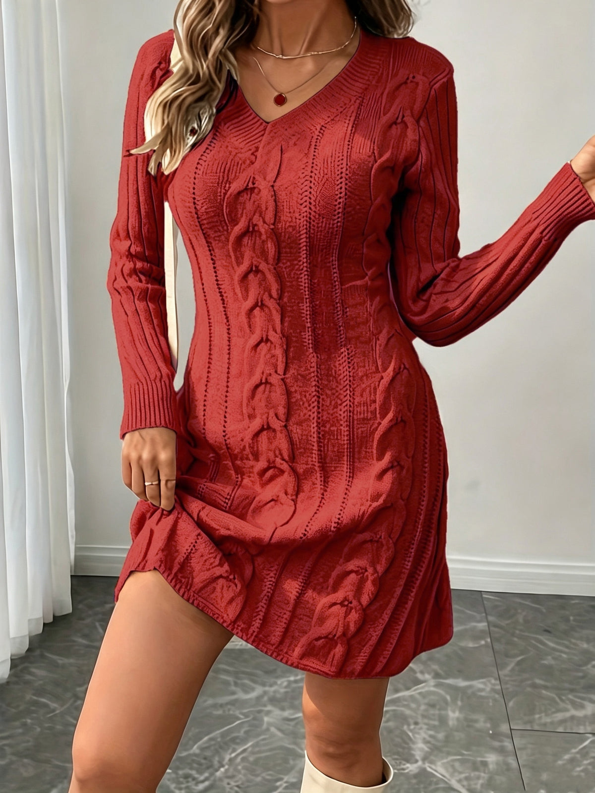 [Vika Women's Winter Dress] Vika Xiangkuan White V-Neck Long-Sleeved Dress - Delicate Beauty of Vertical Twisted Braids - Must-Have Winter Dress for Women - Comfortable And Fashionable