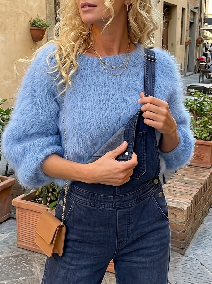 [Lazy Plush Pullover] Autumn/Winter Versatile Designer Lazy Style Loose-Fit Solid Color Faux Mink Plush Crew Neck Long Sleeve Sweater for Women, Loose Lazy Plush Pullover