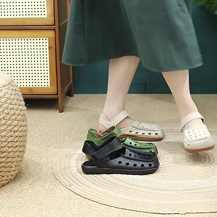 Retro Hollow Square Toe Hook-And-Loop Sandals Women'S First Layer Cowhide Genuine Leather Soft Sole Loafer Single Shoes Breathable Beef Tendon Sole Design Daily Commute, Shopping And Travel, Women Shoes
