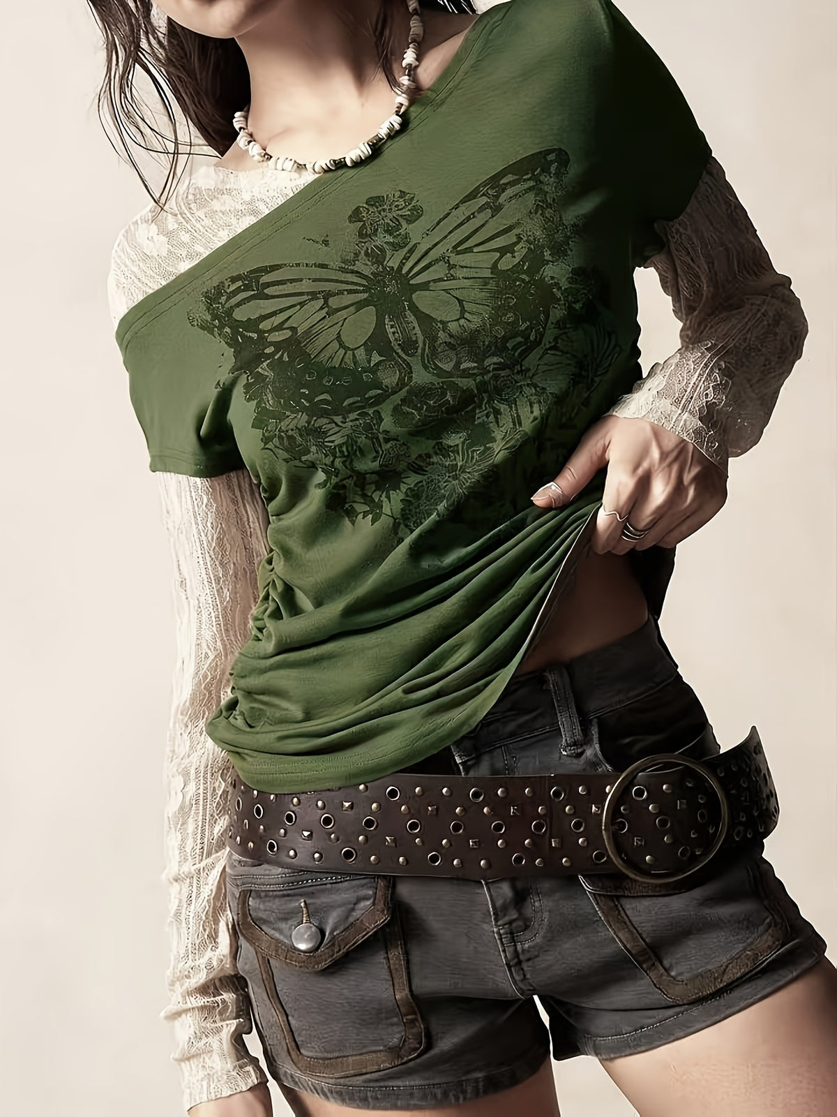 Fashionable Casual Stretchy Lace Patchwork Printed Faux Two-Piece Long Sleeve T-Shirt