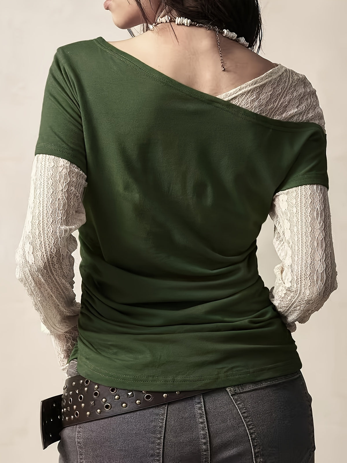 Fashionable Casual Stretchy Lace Patchwork Printed Faux Two-Piece Long Sleeve T-Shirt