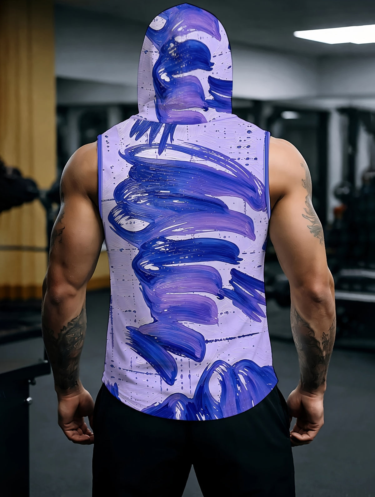 Men'S Hooded Sleeveless Top Black And White Ink Splash Print Sports Fitness Vest Daily Casual Trendy Versatile Breathable Comfortable Slim Fit for Workout Gym Training