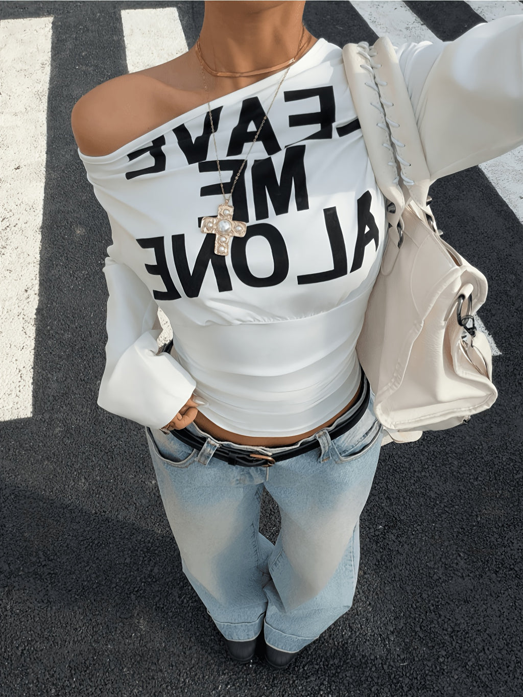 Women'S Letter Print Asymmetrical Shoulder Fitted Short Sleeve Long Sleeve T-Shirt, Suitable for Outdoor, Streetwear, And Y2K Style Clothing