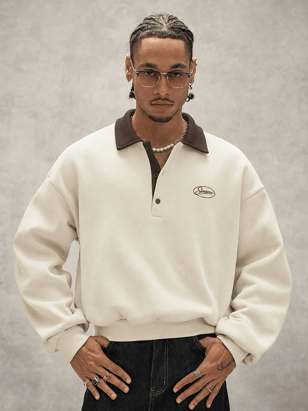 Men'S Loose Minimalist Urban Style Color-Block Polo Neck Sweatshirt, Soft Fabric Half-Button Letter Long Sleeve Pullover Top, Casual Commute City Leisure Wear