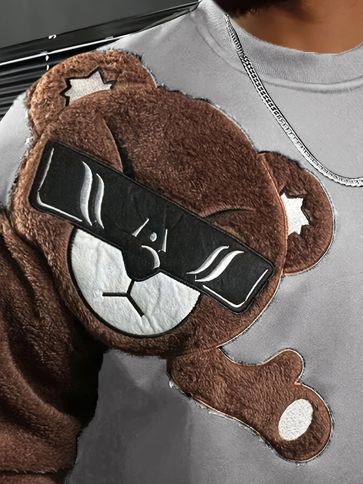 Men'S Fashion Cartoon Bear Long Sleeve Pullover Creative Plush Spliced Casual Sweatshirt
