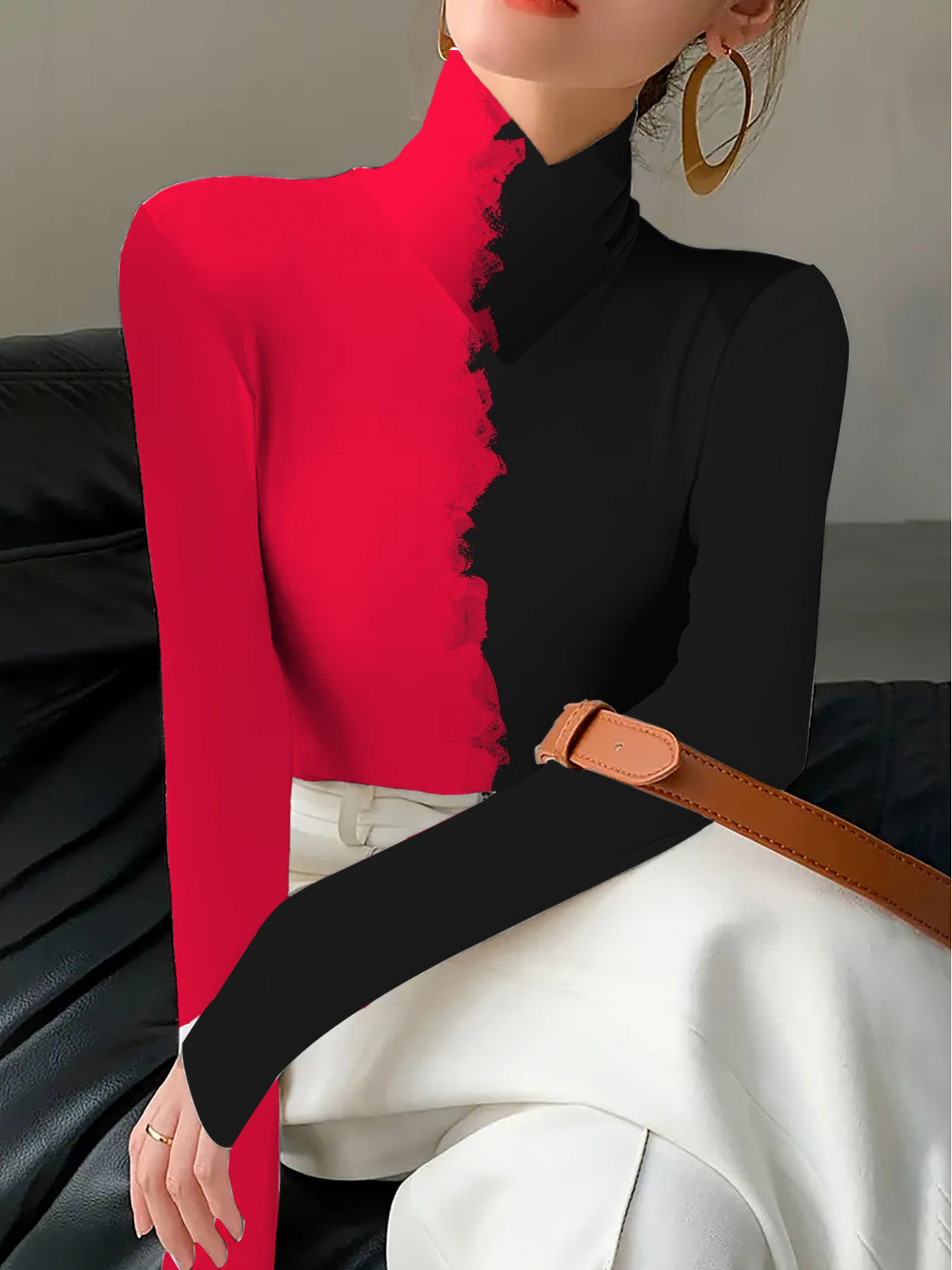 Women'S Mandarin Collar Long Sleeve T-Shirt, Suitable for Female Wear, Fabric, Regular Fit, with Red Black Split Transformation Design, Spring Fall Collection