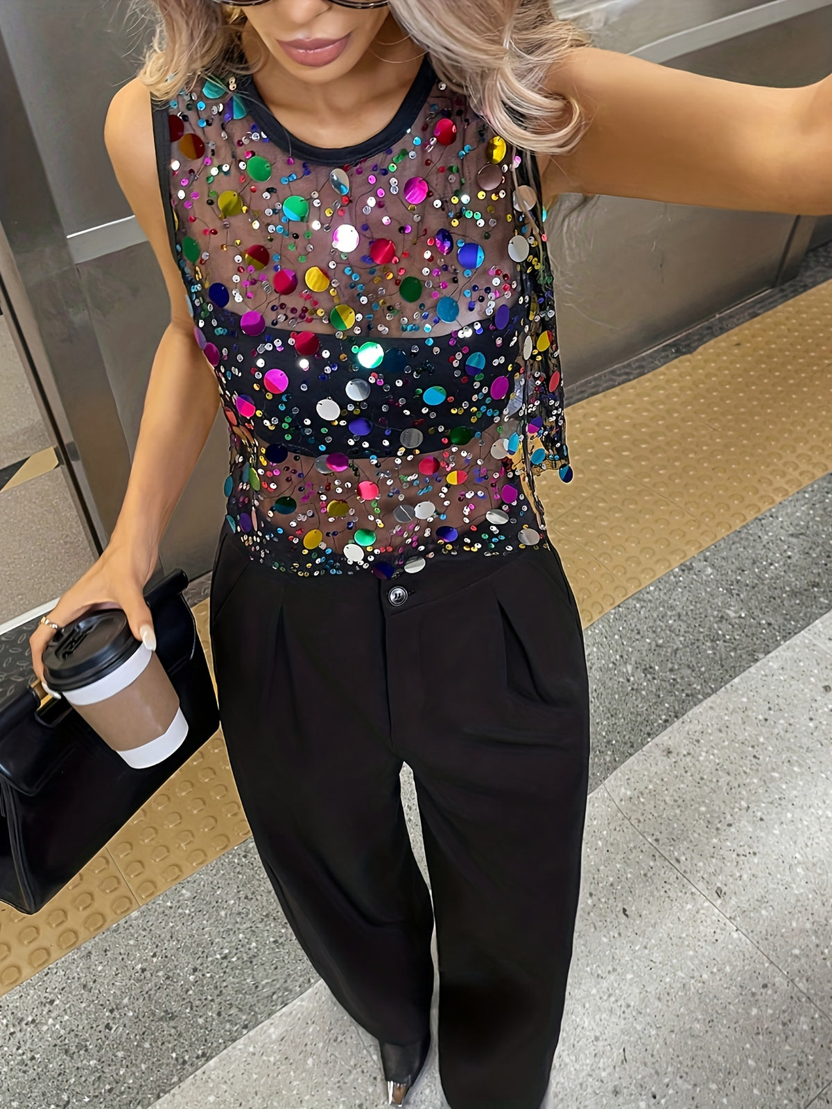Colorful Sequin Mesh Sleeveless Top—Women's Fashion Commuter Casual Top