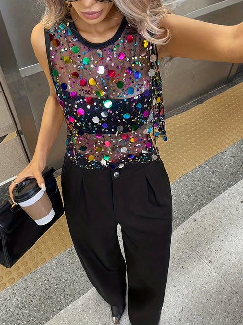 Colorful Sequin Mesh Sleeveless Top—Women's Fashion Commuter Casual Top