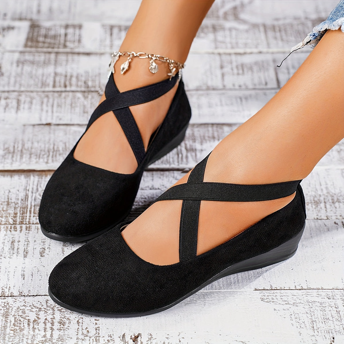 Women's Solid Color Shoes, Slip On Cross Straps Comfy Soft Sole Shoes, Lightweight Wedge Daily Shoes, Women Shoes