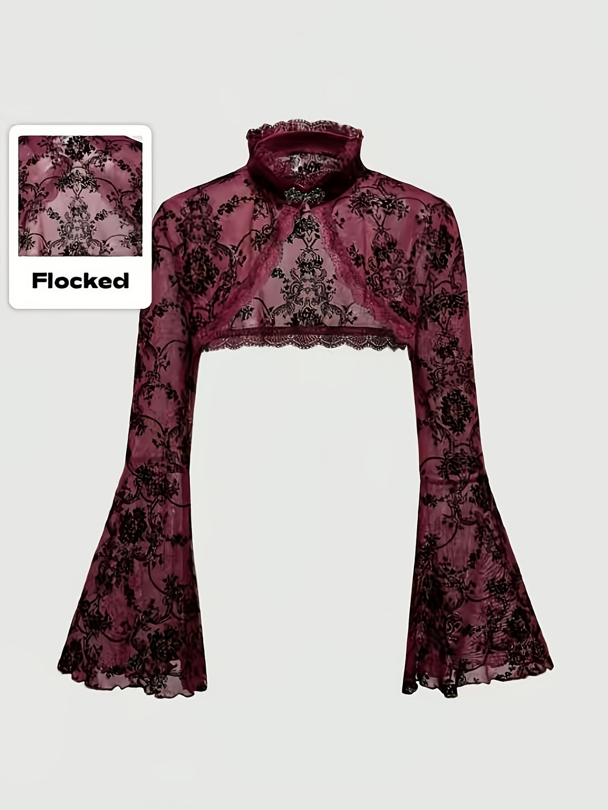 [Black Velvet Shirt] Women's Black Velvet High-Neck Bell Sleeve Short Outer Decorative Shirt