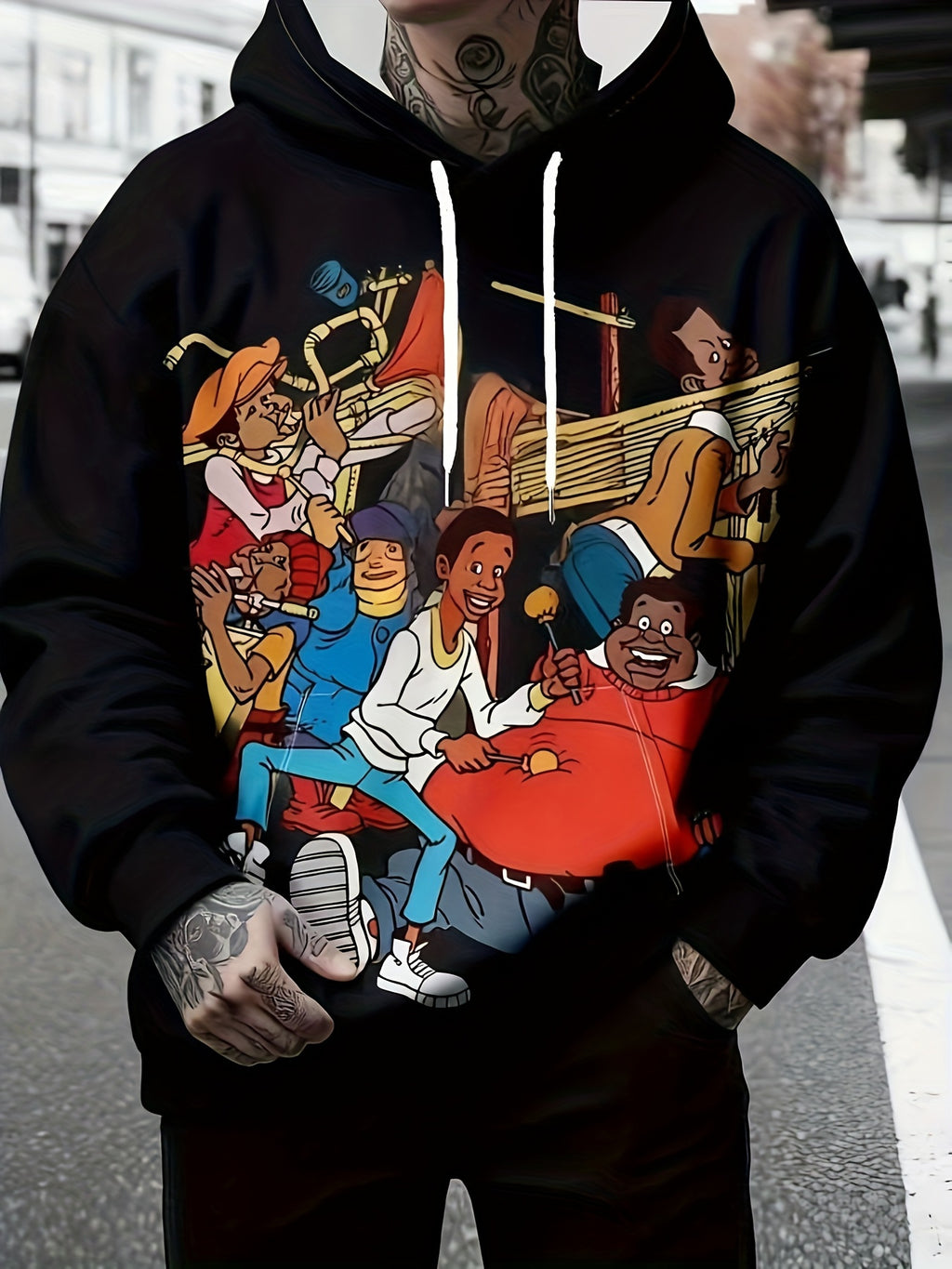 High-Quality Clearan 3D Print Men'S Hooded Drop Shoulder Novelty Long Sleeve Sweatshirt with Cartoon Pattern | Fashionable Streetwear Casual Fashion, Geometric-Pattern, Slight Stretch Fabric