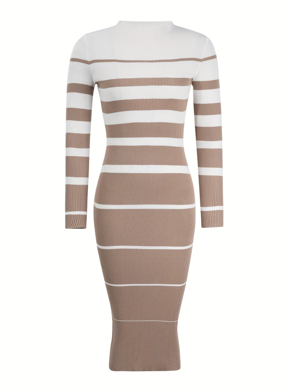 Stylish Commuter Casual Slim Fit Sweater Dress with Round Neck, Long Sleeves and Hip-Hugging Design in Striped Contrast for All Seasons