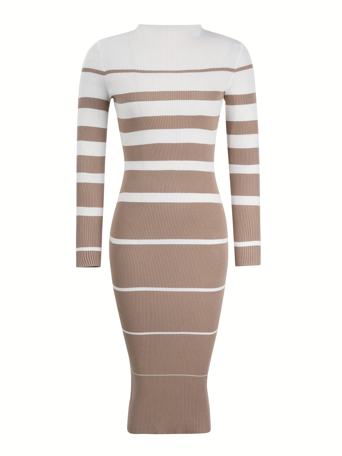 Stylish Commuter Casual Slim Fit Sweater Dress with Round Neck, Long Sleeves and Hip-Hugging Design in Striped Contrast for All Seasons