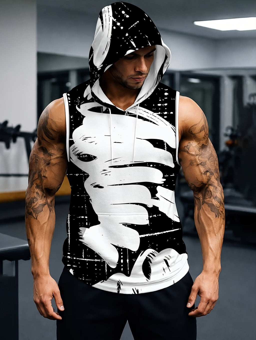 Men'S Hooded Sleeveless Top Black And White Ink Splash Print Sports Fitness Vest Daily Casual Trendy Versatile Breathable Comfortable Slim Fit for Workout Gym Training