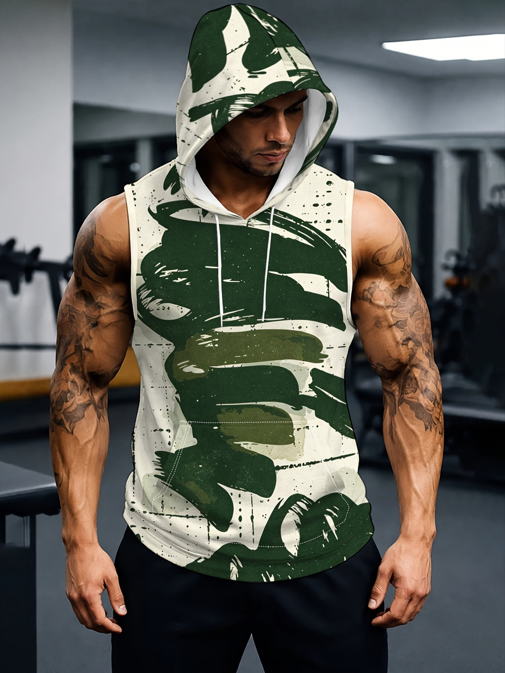 Men'S Hooded Sleeveless Top Black And White Ink Splash Print Sports Fitness Vest Daily Casual Trendy Versatile Breathable Comfortable Slim Fit for Workout Gym Training
