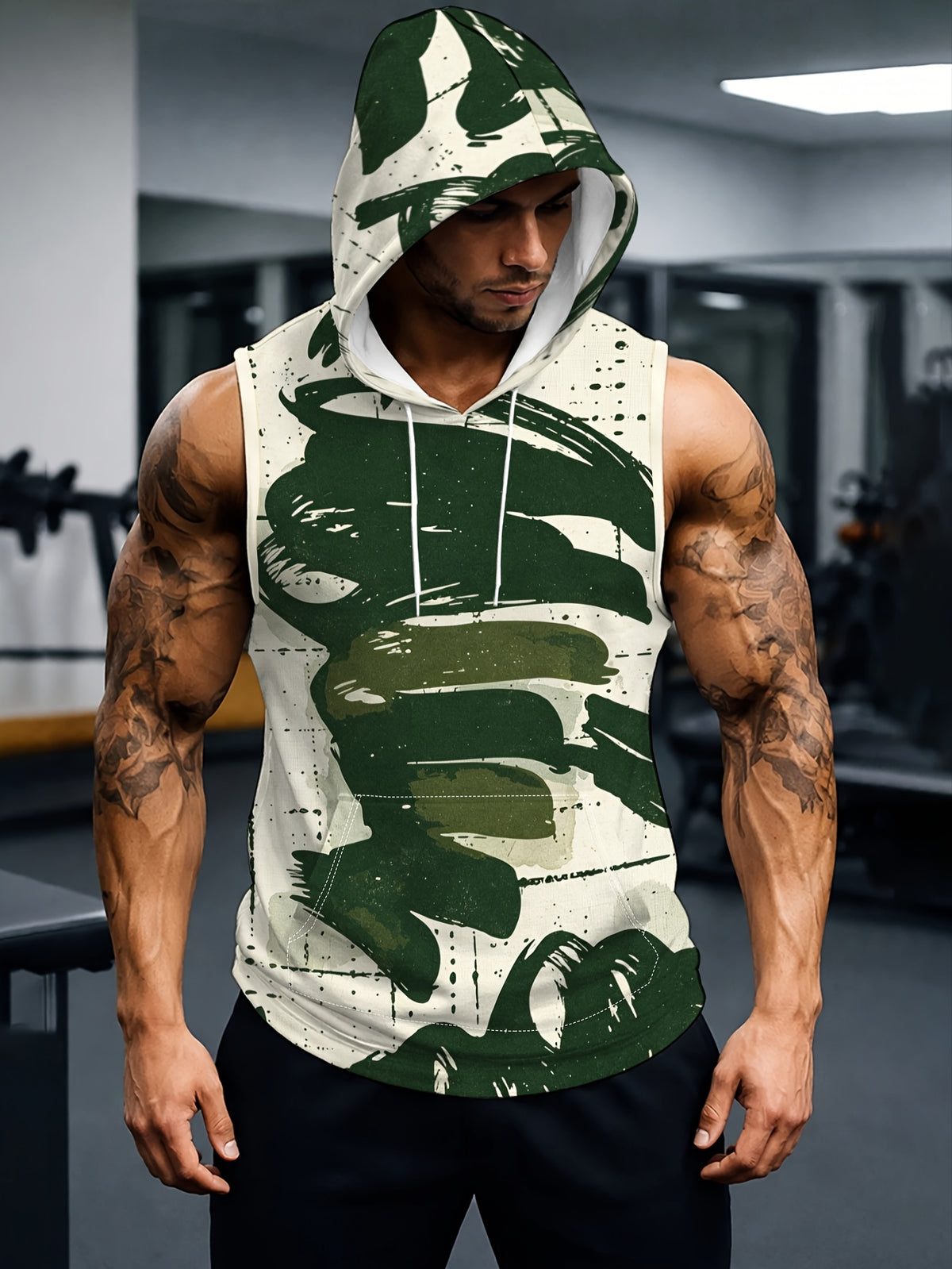 Men'S Hooded Sleeveless Top Black And White Ink Splash Print Sports Fitness Vest Daily Casual Trendy Versatile Breathable Comfortable Slim Fit for Workout Gym Training