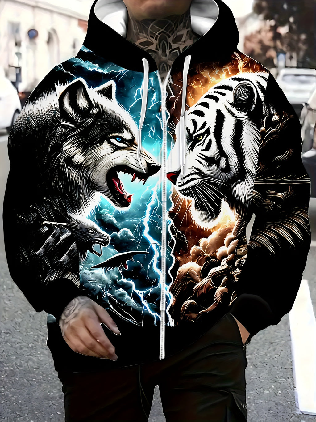 Tiger Wolf Confrontation Print Pattern Long Sleeved Zipper Hooded Sweatshirts for Men, Autumn and Winter Casual Polyester Fiber Fabric Outdoor Jacket with Drawstring and Pockets