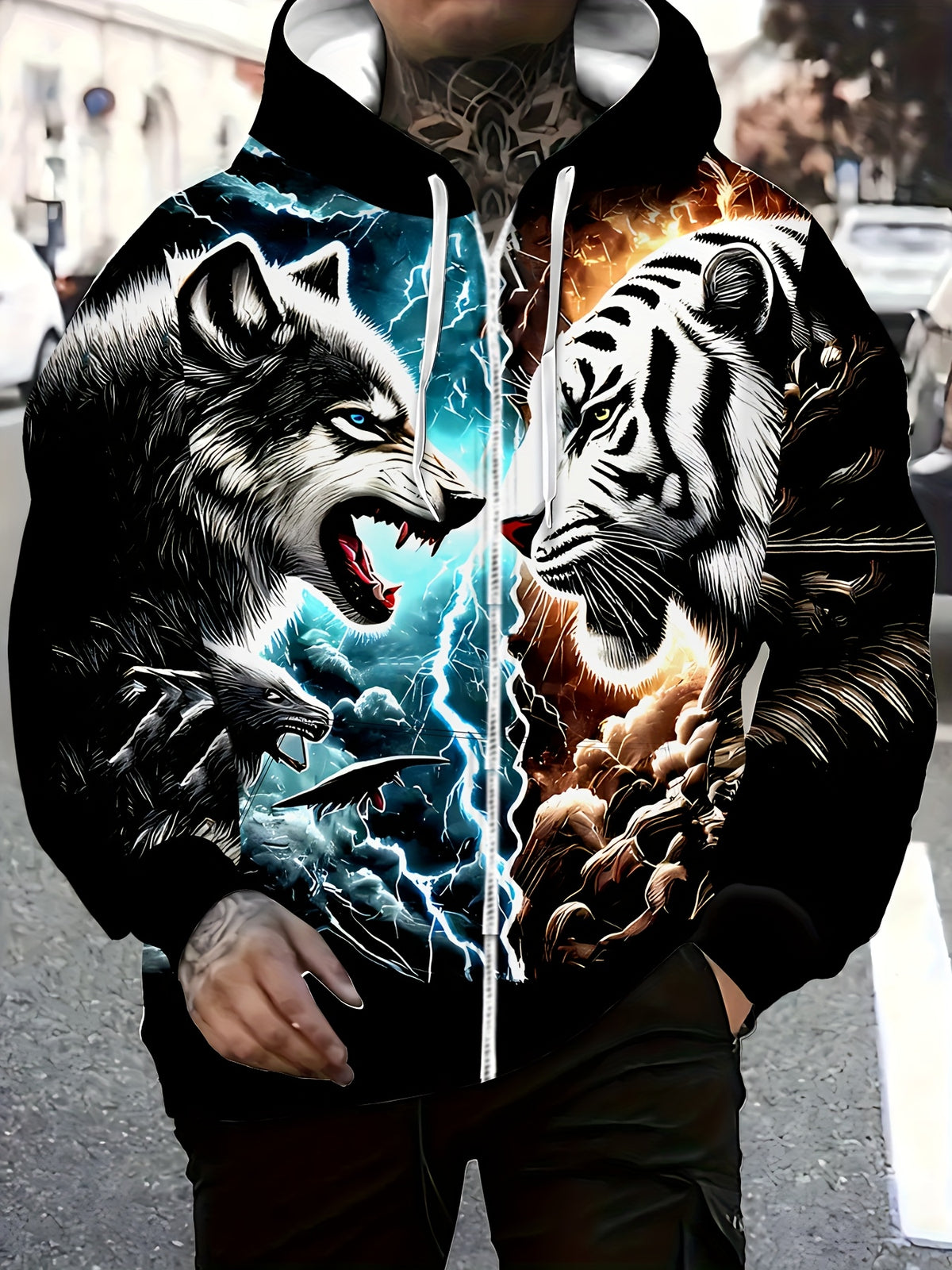 Tiger Wolf Confrontation Print Pattern Long Sleeved Zipper Hooded Sweatshirts for Men, Autumn and Winter Casual Polyester Fiber Fabric Outdoor Jacket with Drawstring and Pockets