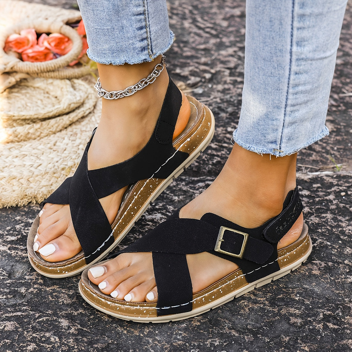 Women'S Plus Size Summer Cross Strap Sports Sandals Casual Versatile Open Toe Retro Roman Flat Sandals, Women Shoes