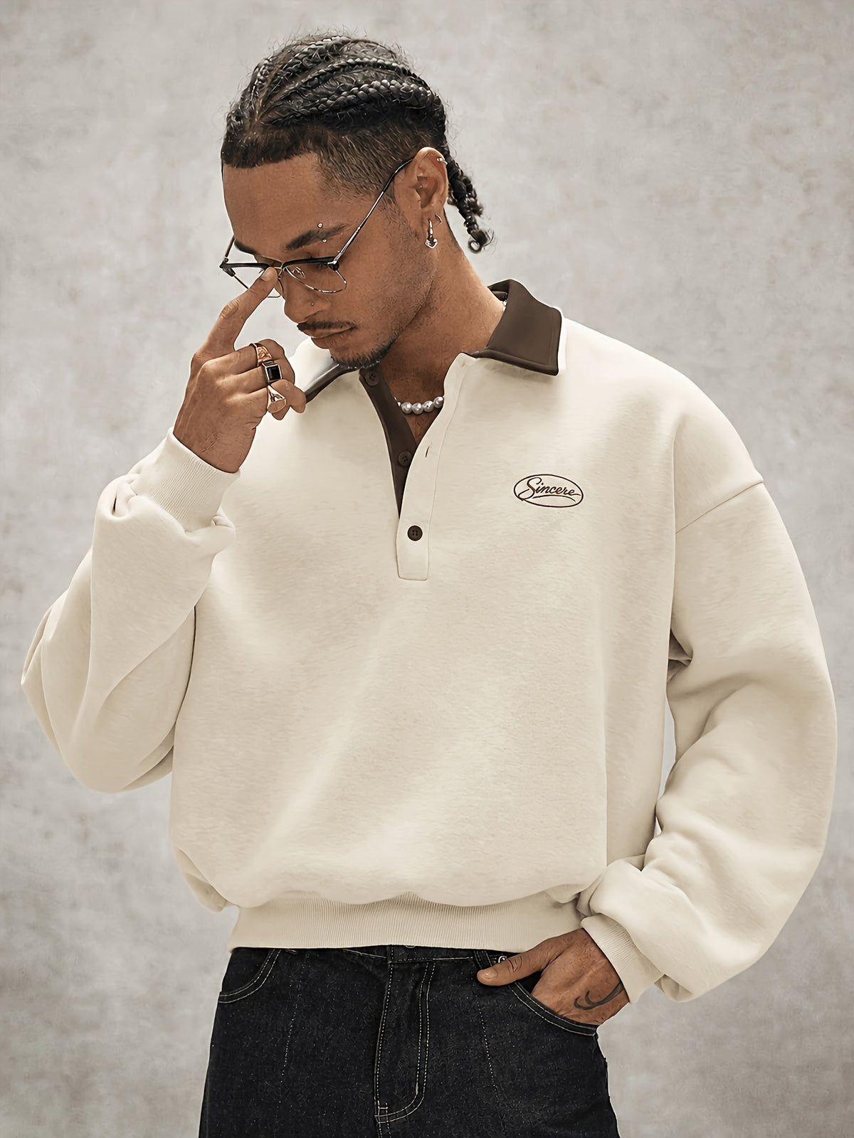 Men'S Loose Minimalist Urban Style Color-Block Polo Neck Sweatshirt, Soft Fabric Half-Button Letter Long Sleeve Pullover Top, Casual Commute City Leisure Wear