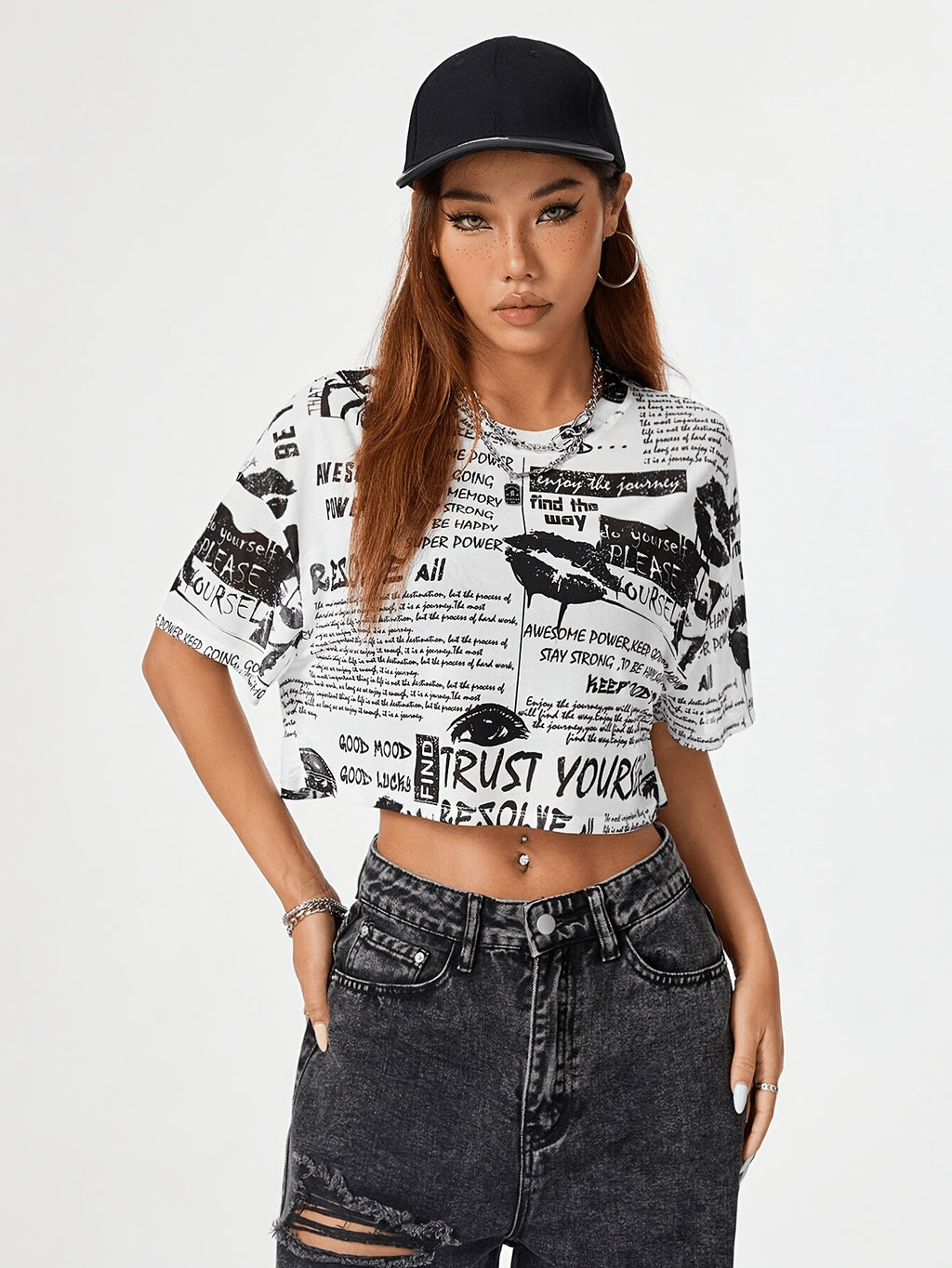 Women's Summer Fashion Newspaper Print Mesh Short Sleeve Crop Top