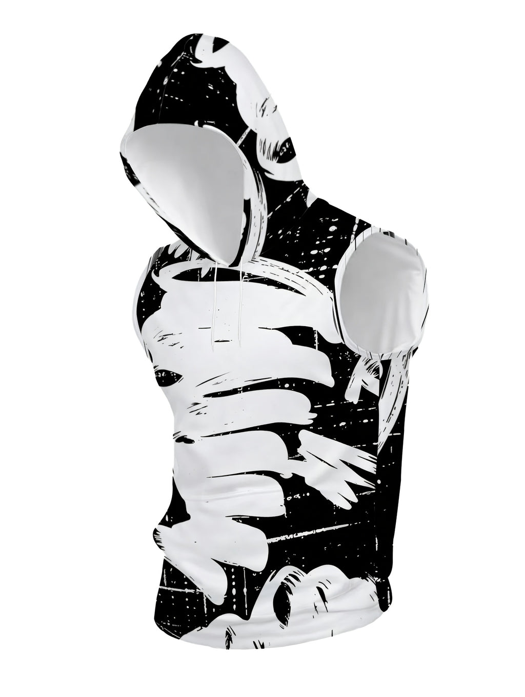 Men'S Hooded Sleeveless Top Black And White Ink Splash Print Sports Fitness Vest Daily Casual Trendy Versatile Breathable Comfortable Slim Fit for Workout Gym Training