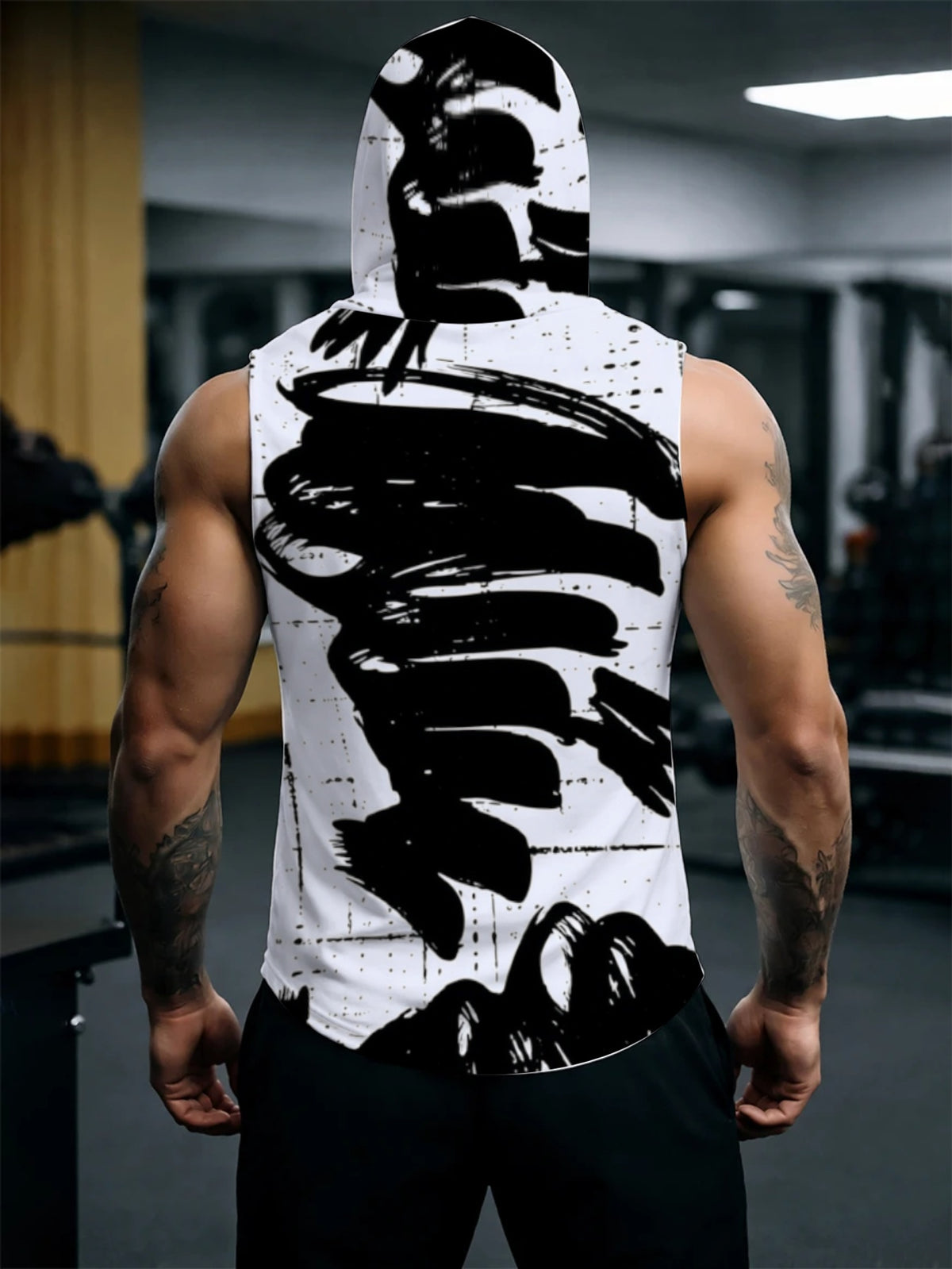 Men'S Hooded Sleeveless Top Black And White Ink Splash Print Sports Fitness Vest Daily Casual Trendy Versatile Breathable Comfortable Slim Fit for Workout Gym Training