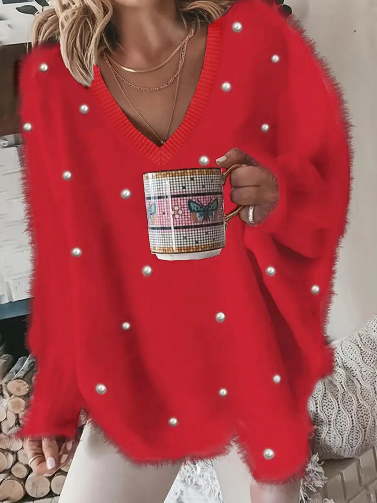 Fashion Solid Color V-Neck Beaded Pullover Casual Loose Long Sleeve Top