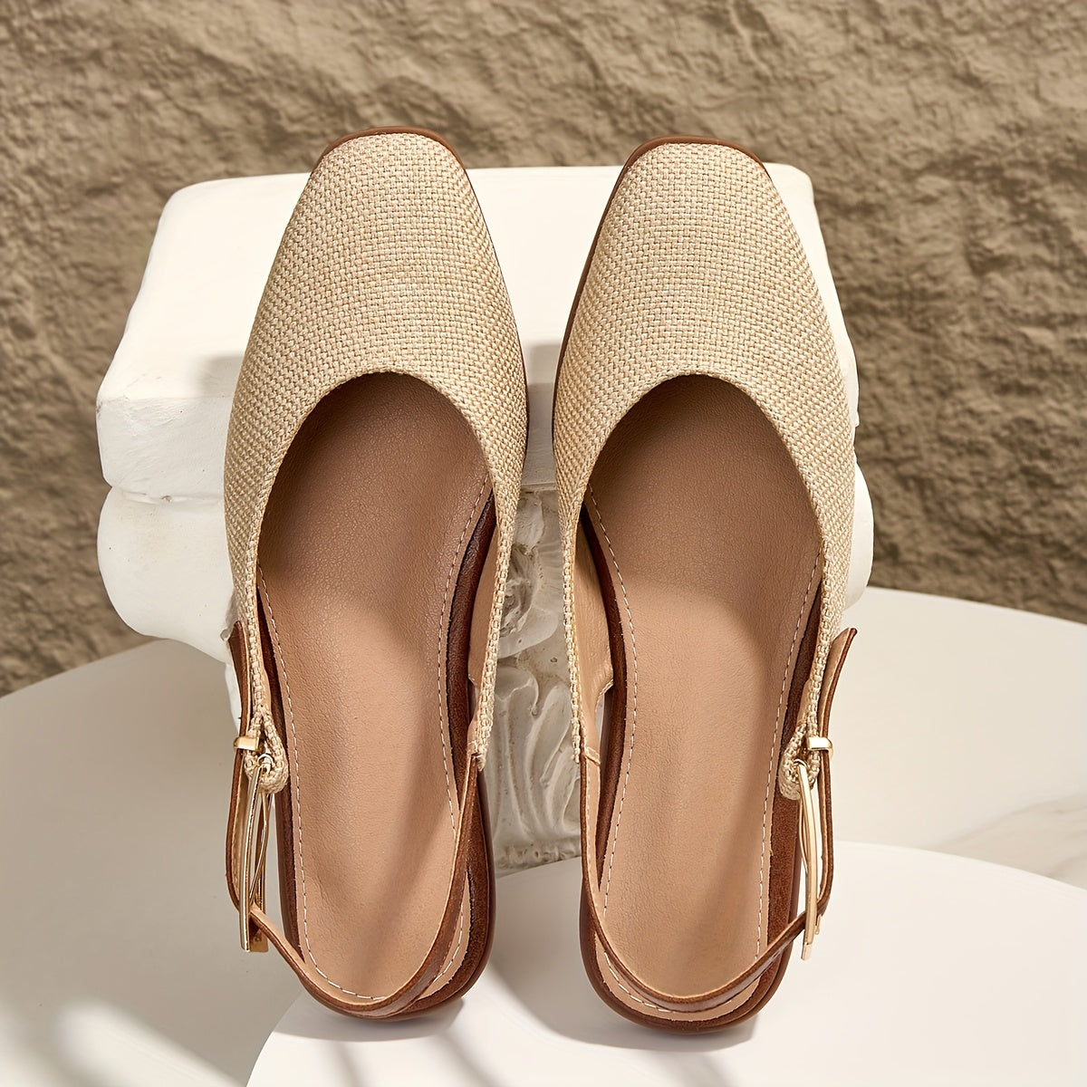 Brown Apricot Linen Square Toe Soft Sole, Shallow Mouth Metal Buckle Women'S Flat Sandals, Women Shoes