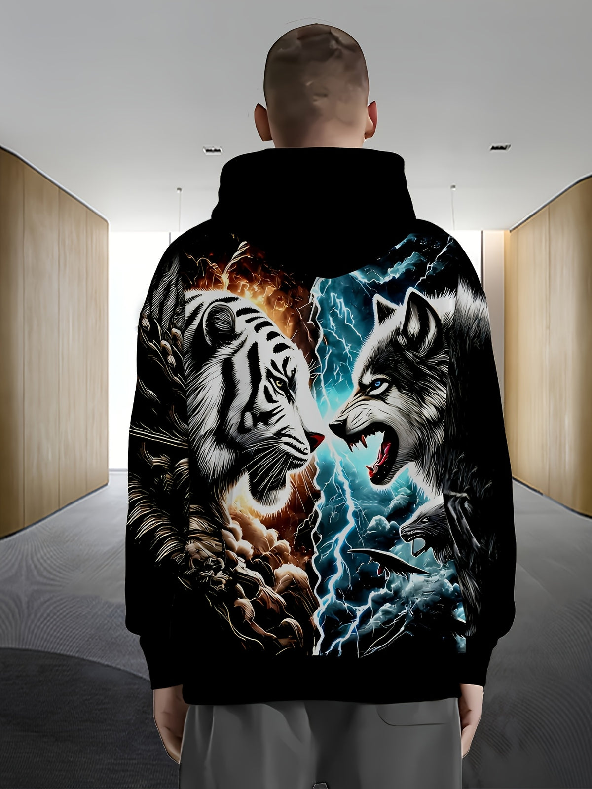 Tiger Wolf Confrontation Print Pattern Long Sleeved Zipper Hooded Sweatshirts for Men, Autumn and Winter Casual Polyester Fiber Fabric Outdoor Jacket with Drawstring and Pockets