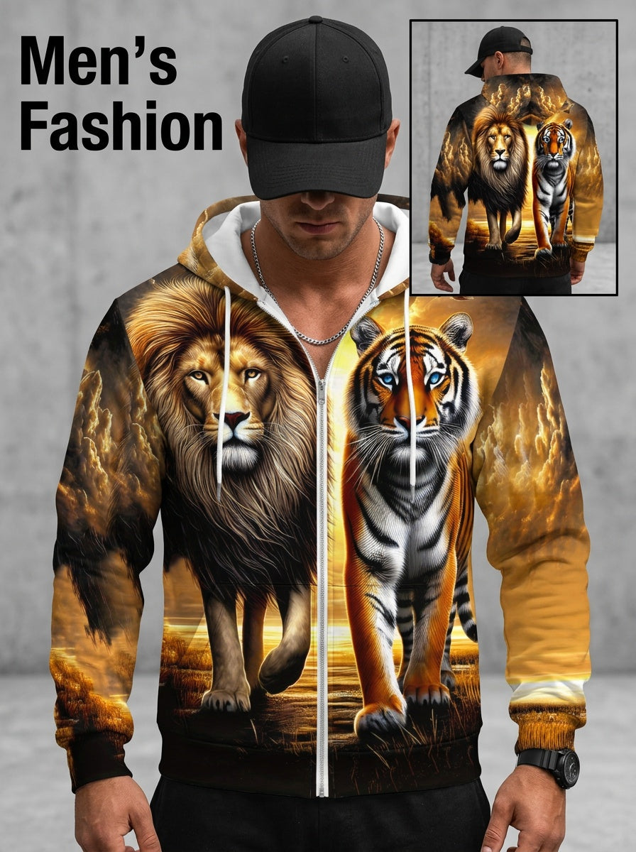 Zipper hoodie for menLion and Tiger Print Hoodie for Living Room Wear, Vibrant Orange and Brown Colors, Lightweight and Durable Design, Perfect for Casual Outfits and Daily Use, Unique Animal Pattern Fashion Sweatshirt