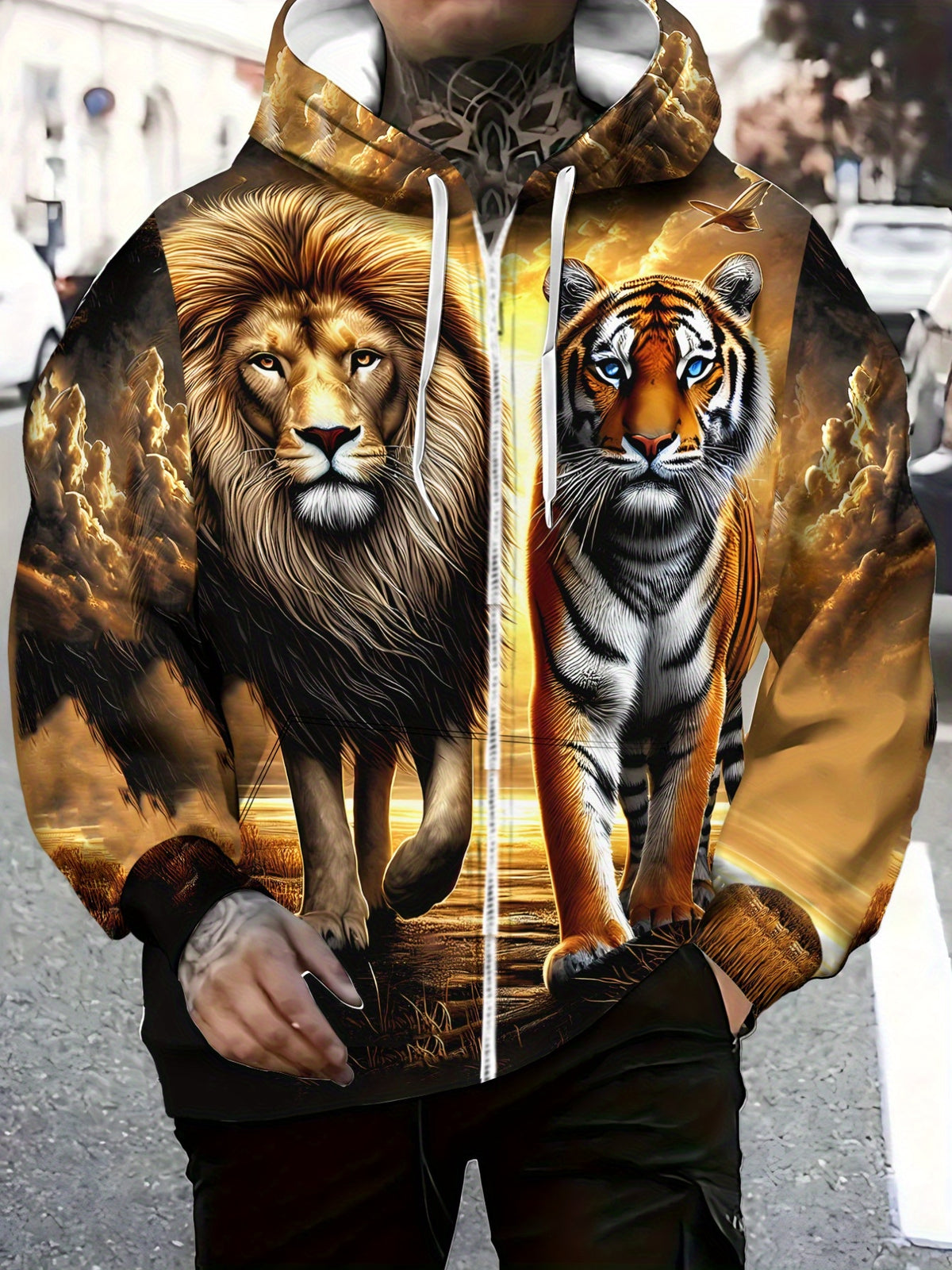 Zipper hoodie for menLion and Tiger Print Hoodie for Living Room Wear, Vibrant Orange and Brown Colors, Lightweight and Durable Design, Perfect for Casual Outfits and Daily Use, Unique Animal Pattern Fashion Sweatshirt