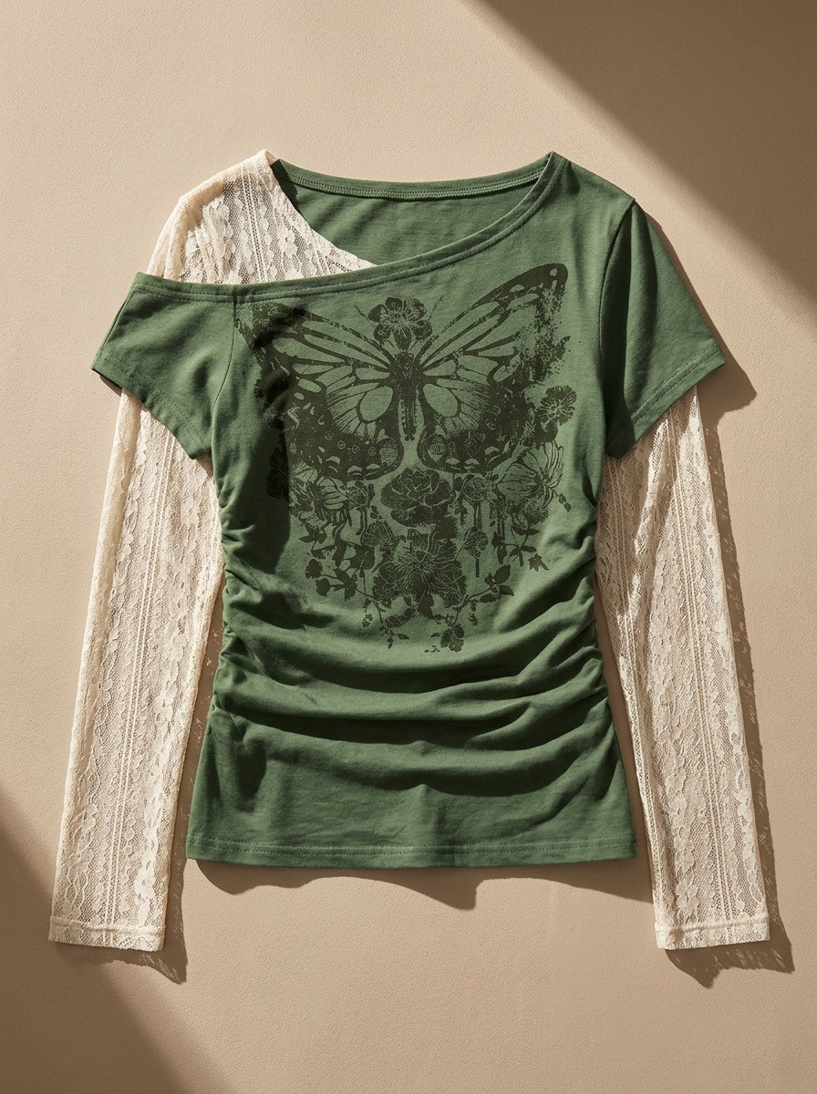 Fashionable Casual Stretchy Lace Patchwork Printed Faux Two-Piece Long Sleeve T-Shirt