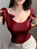 Lin Zuojia Women's Bow Strap Backless T-Shirt - Short Sleeve Round Neck Bow Accent Top, Medium Stretch Fitted Blouse for Spring Summer Fall Layering, Solid Color Casual Wear, Machine Washable Backless Shirt