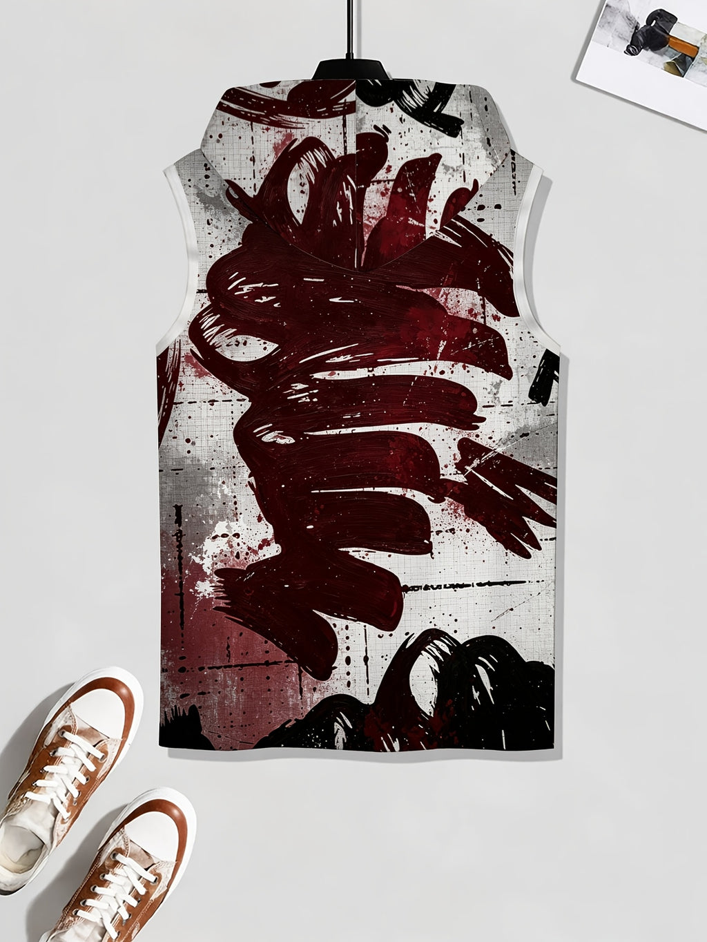 Men'S Hooded Sleeveless Top Black And White Ink Splash Print Sports Fitness Vest Daily Casual Trendy Versatile Breathable Comfortable Slim Fit for Workout Gym Training