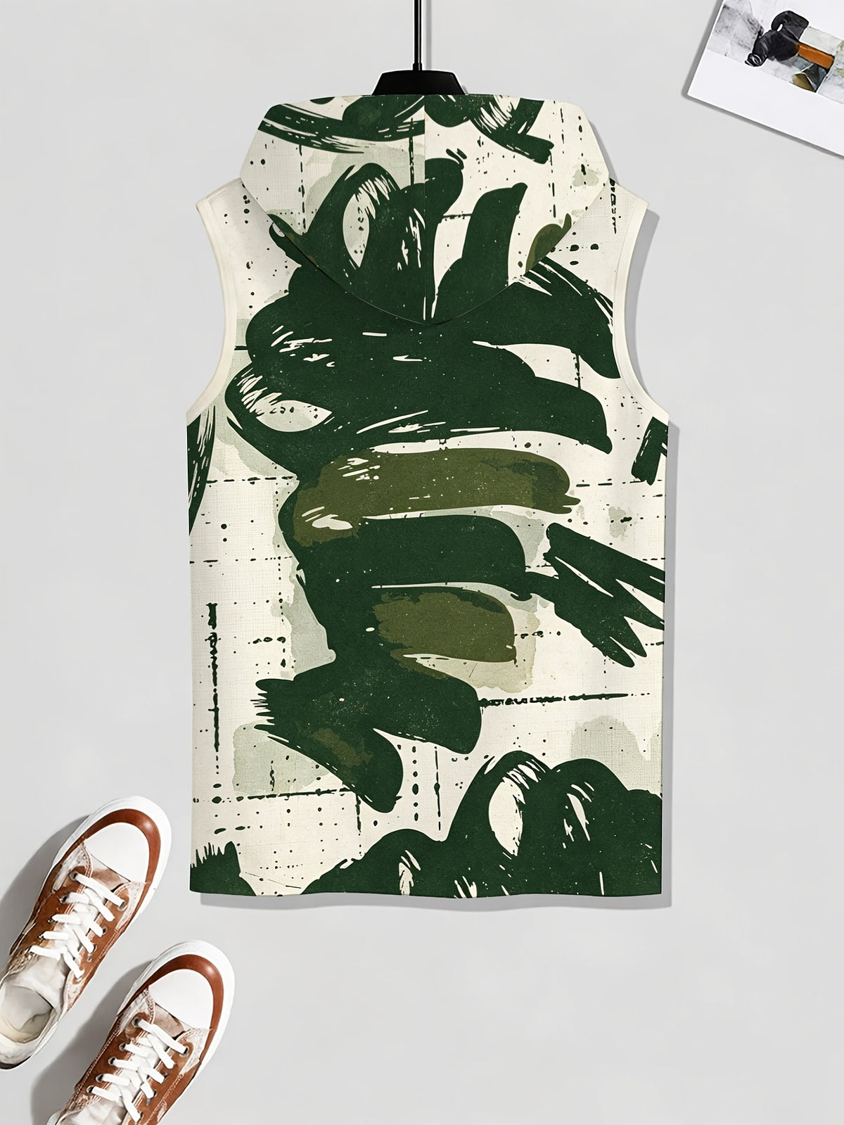 Men'S Hooded Sleeveless Top Black And White Ink Splash Print Sports Fitness Vest Daily Casual Trendy Versatile Breathable Comfortable Slim Fit for Workout Gym Training