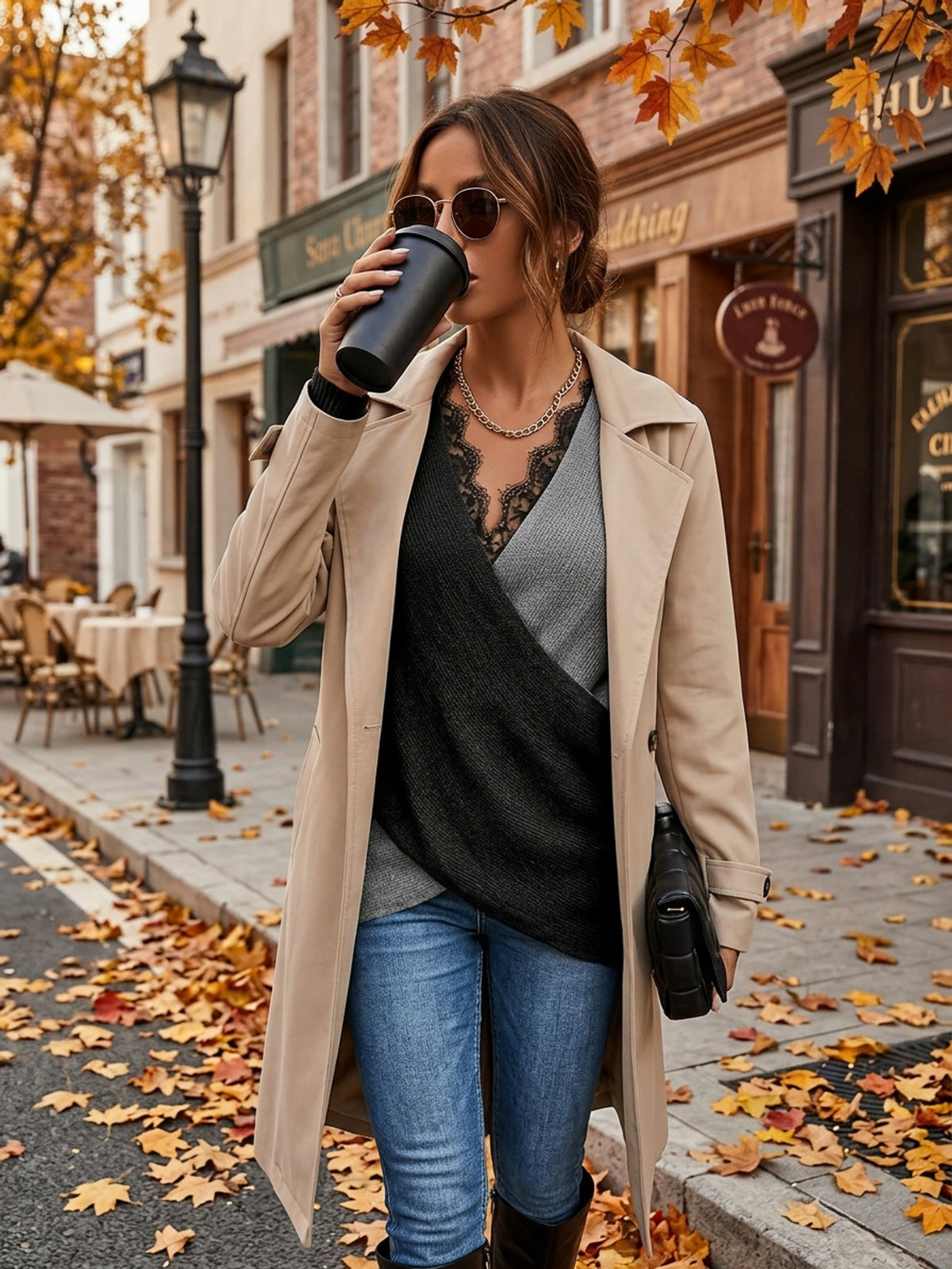 Fashion Lace Patchwork V-Neck Sweater