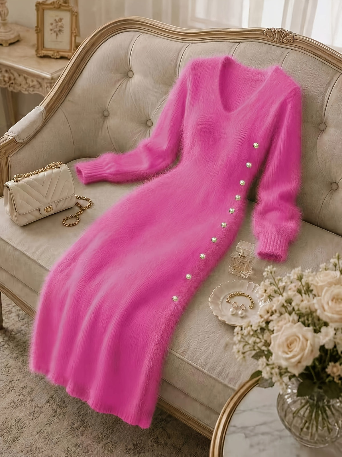 Women's Casual Plush Maxi Dress, V-Neck Long Sleeve Button Front Split Sweater Dress, Versatile for Autumn/Winter Daily Commuting, Soft and Comfortable Fabric, Christmas Style, Suitable for Party Outfits and Banquet Attire