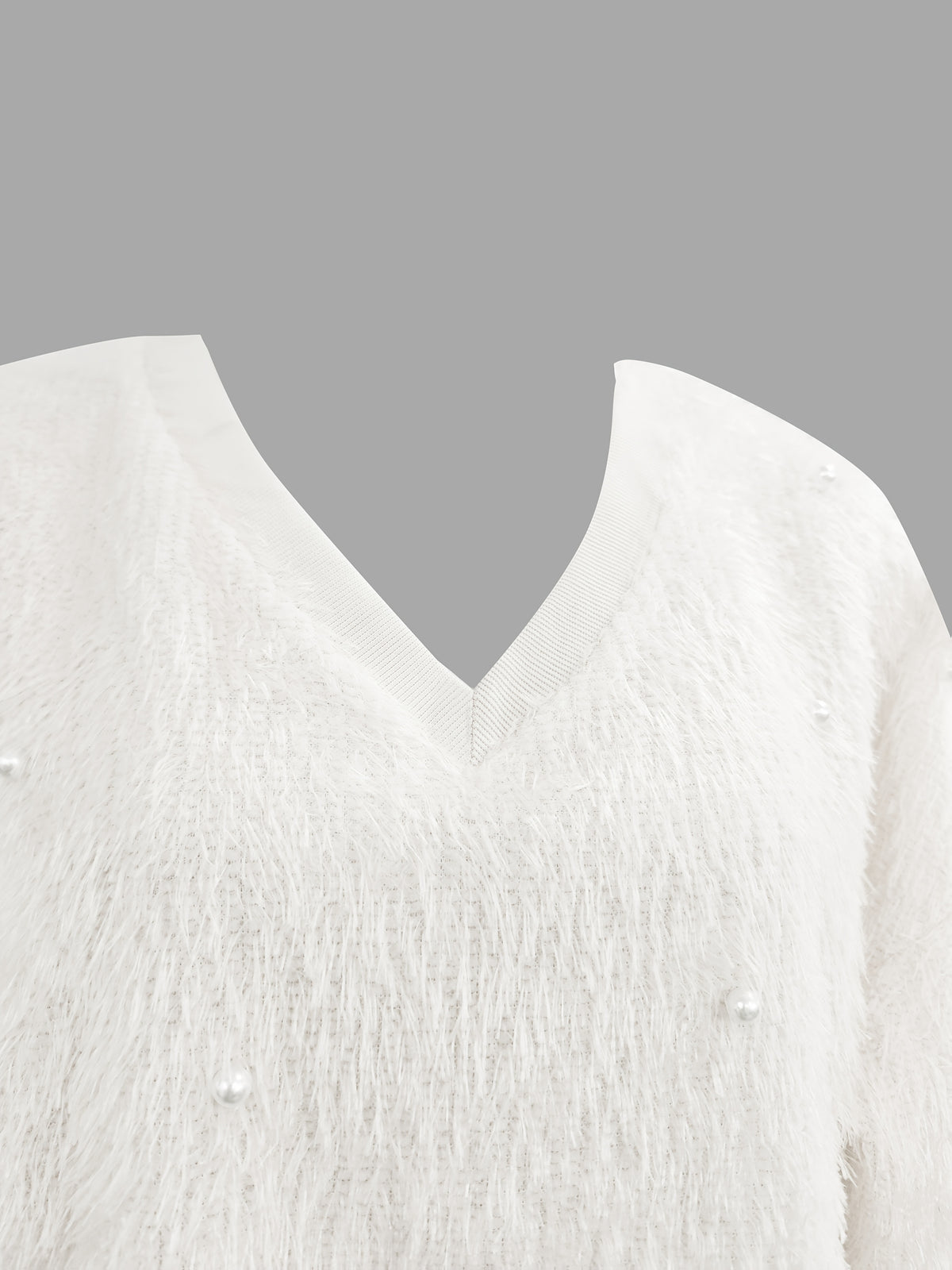 Fashion Solid Color V-Neck Beaded Pullover Casual Loose Long Sleeve Top