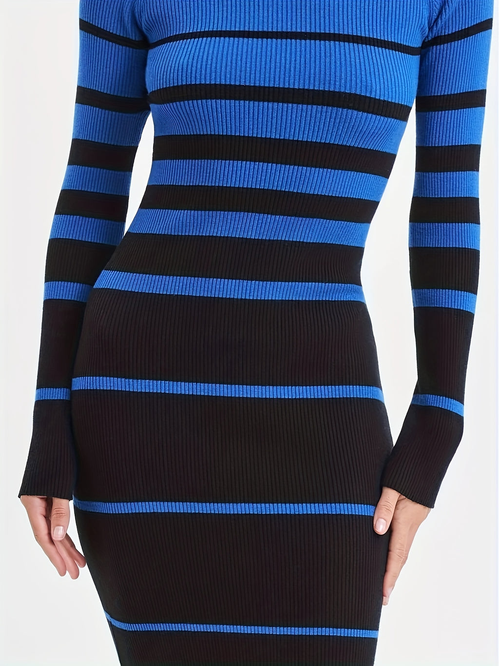 Stylish Commuter Casual Slim Fit Sweater Dress with Round Neck, Long Sleeves and Hip-Hugging Design in Striped Contrast for All Seasons