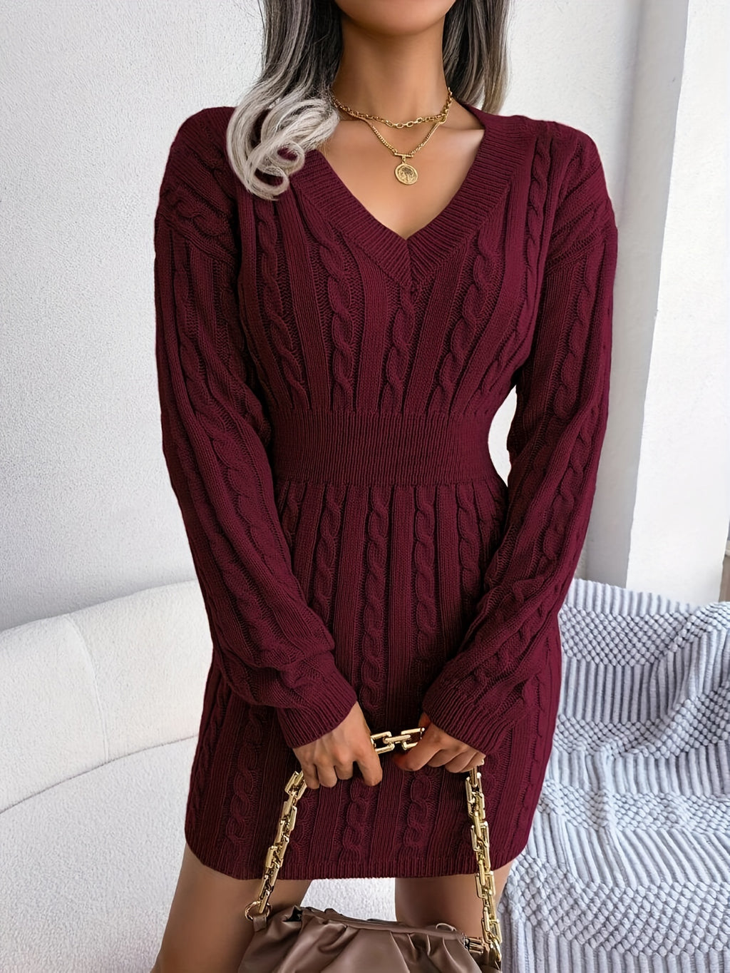 Women'S Directional Cable Sweater Dress Solid Off-Shoulder Sleeve