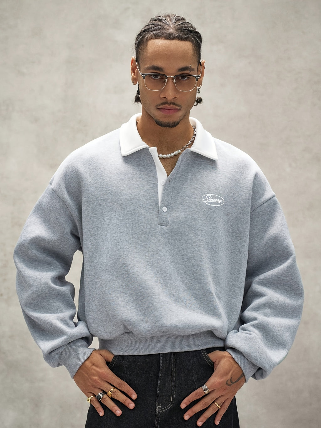 Men'S Loose Minimalist Urban Style Color-Block Polo Neck Sweatshirt, Soft Fabric Half-Button Letter Long Sleeve Pullover Top, Casual Commute City Leisure Wear