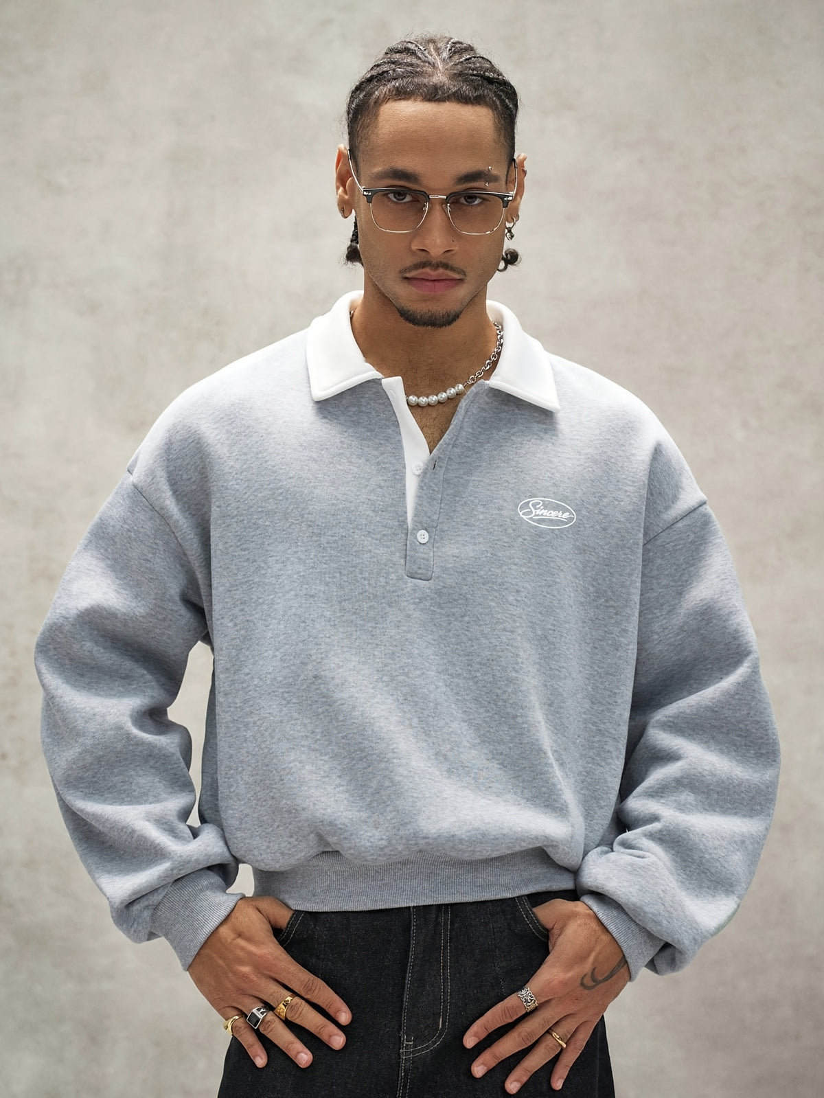 Men'S Loose Minimalist Urban Style Color-Block Polo Neck Sweatshirt, Soft Fabric Half-Button Letter Long Sleeve Pullover Top, Casual Commute City Leisure Wear