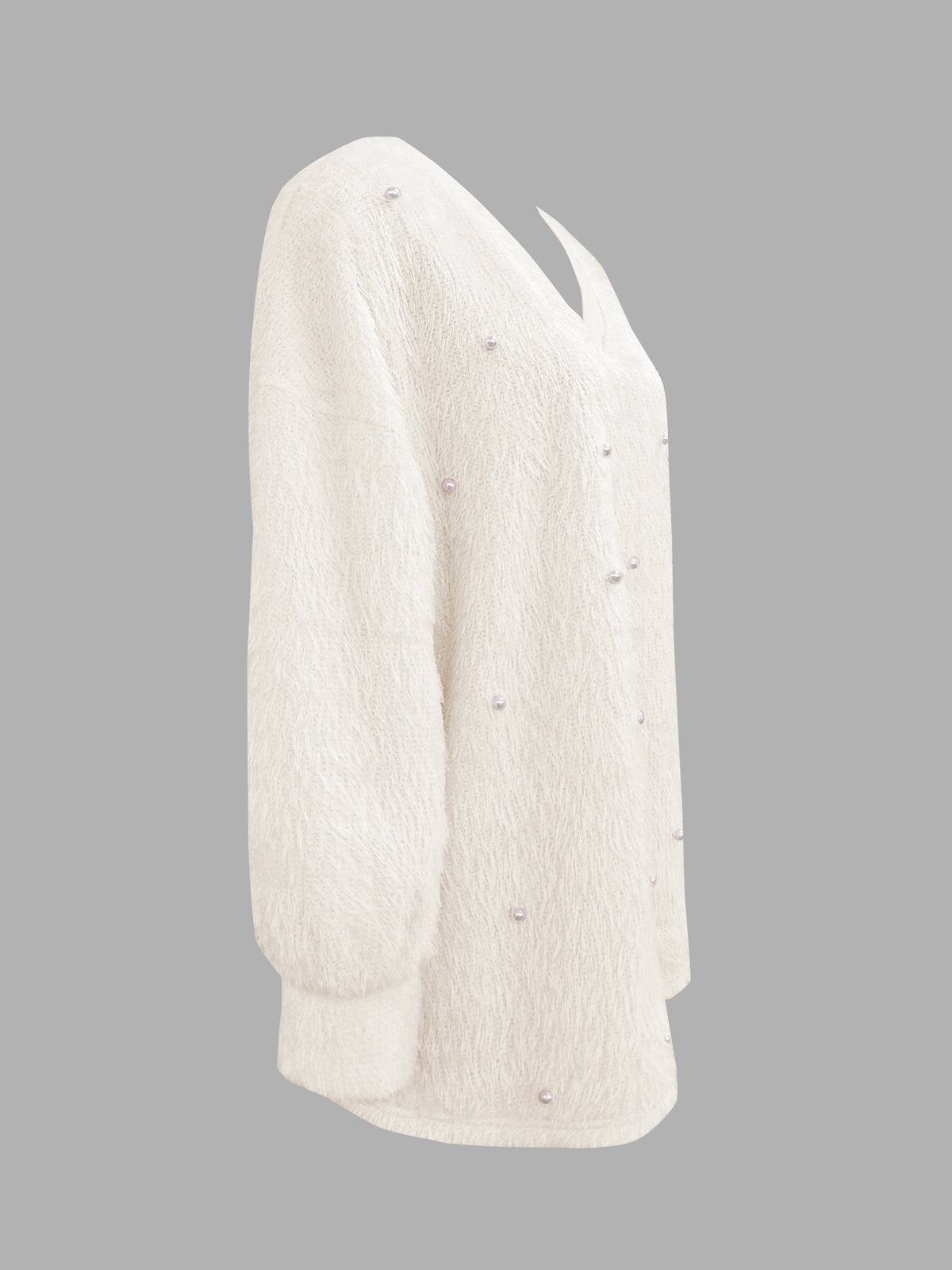 Fashion Solid Color V-Neck Beaded Pullover Casual Loose Long Sleeve Top