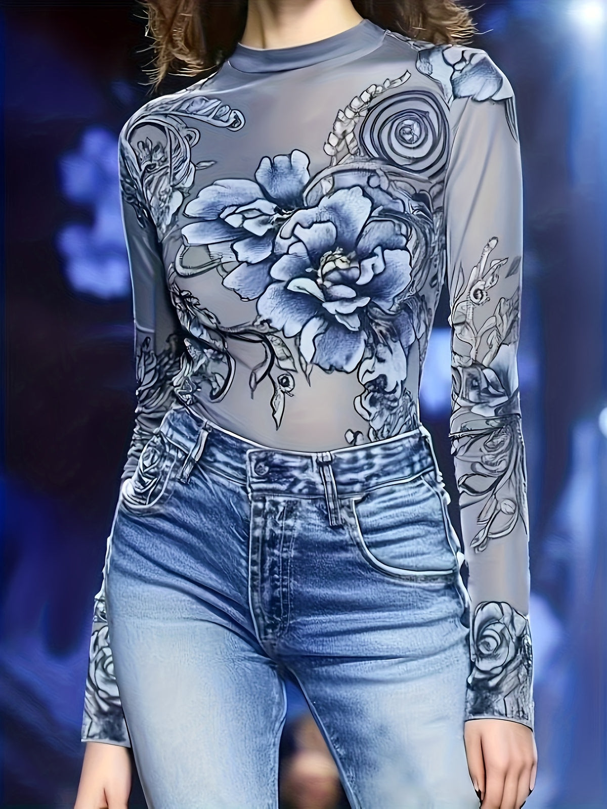Women'S Long-Sleeved Tight Top, Elegant And Sexy Long-Sleeved Round Neck Blue Floral Print T-Shirt Top
