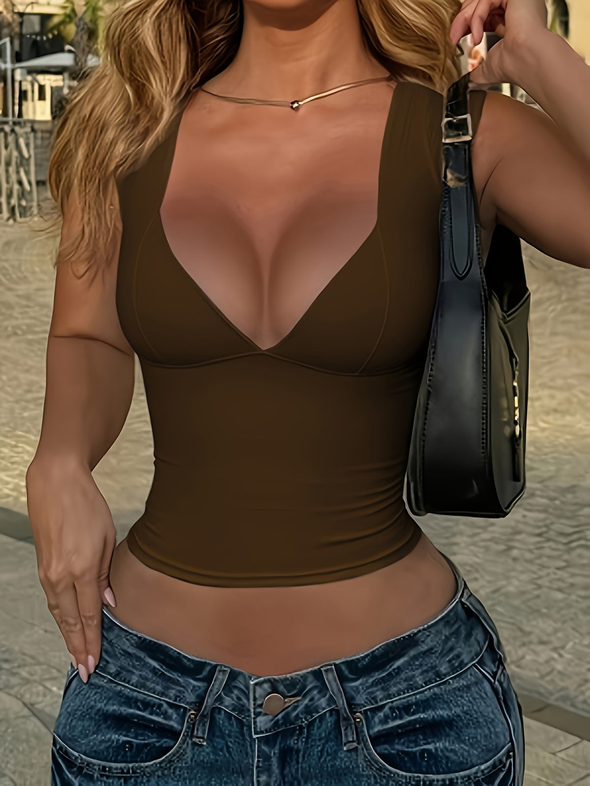 Women's Wide-Shoulder Deep V-Neck Camisole, Stretchy and Fitted, European and American Style, Suitable for Layering or Wearing Alone