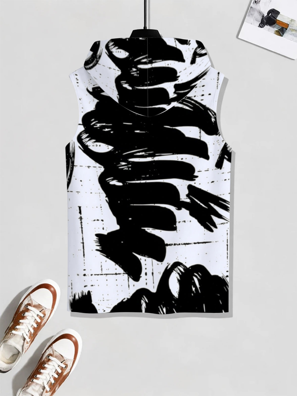 Men'S Hooded Sleeveless Top Black And White Ink Splash Print Sports Fitness Vest Daily Casual Trendy Versatile Breathable Comfortable Slim Fit for Workout Gym Training