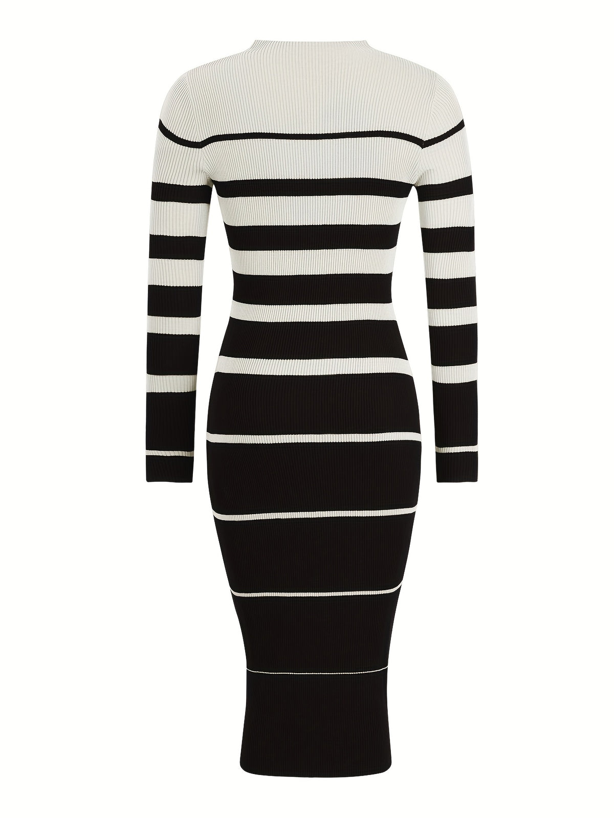 Stylish Commuter Casual Slim Fit Sweater Dress with Round Neck, Long Sleeves and Hip-Hugging Design in Striped Contrast for All Seasons