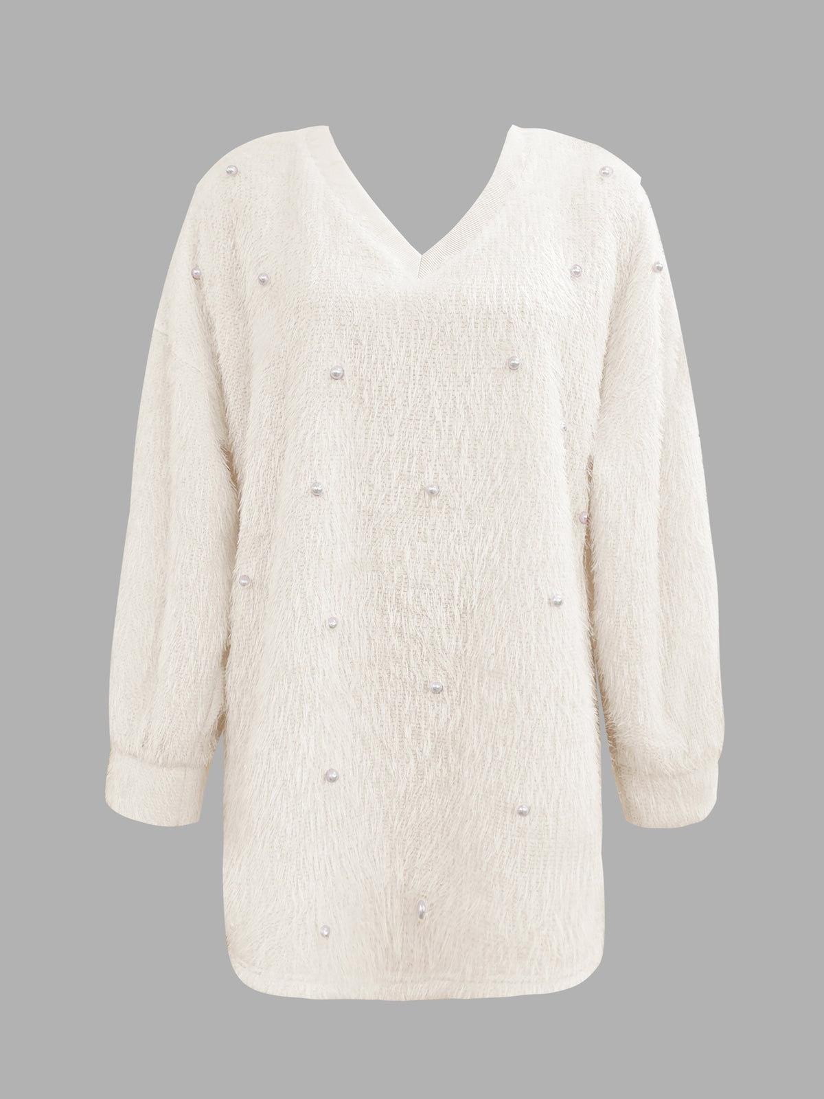 Fashion Solid Color V-Neck Beaded Pullover Casual Loose Long Sleeve Top