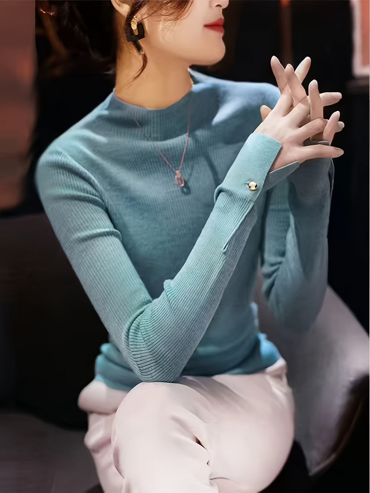 [Elegant Chic Undershirt] Women's Semi-High Collar Fashionable Elegant Chic Cuff Button Long Sleeve Undershirt Top - Daily Commute - Work And Outings